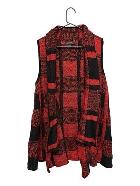 2021 Joseph A. Equestrian Red & Black Plaid Open-Front Knit Cardigan Vest XL